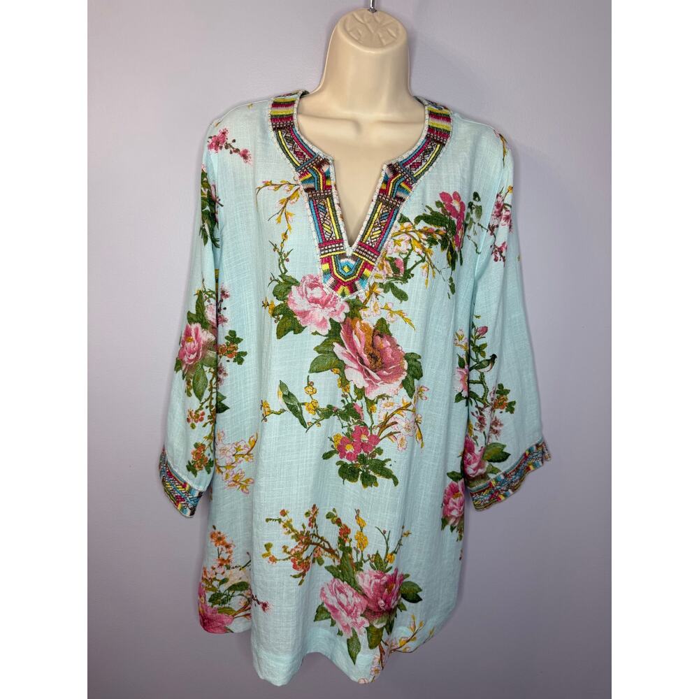 Soft Surroundings Merielle Boho Blue Floral Embroidered Tunic Sz XL